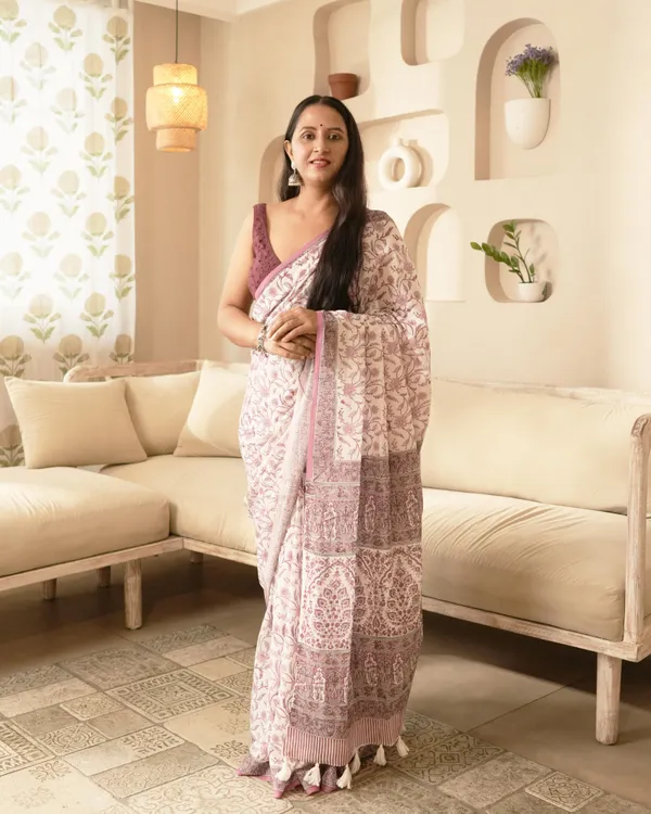 White_Wine_Cotton_Jaal_Hblock_Print_Mul_Saree_With_Tassels_For_Women